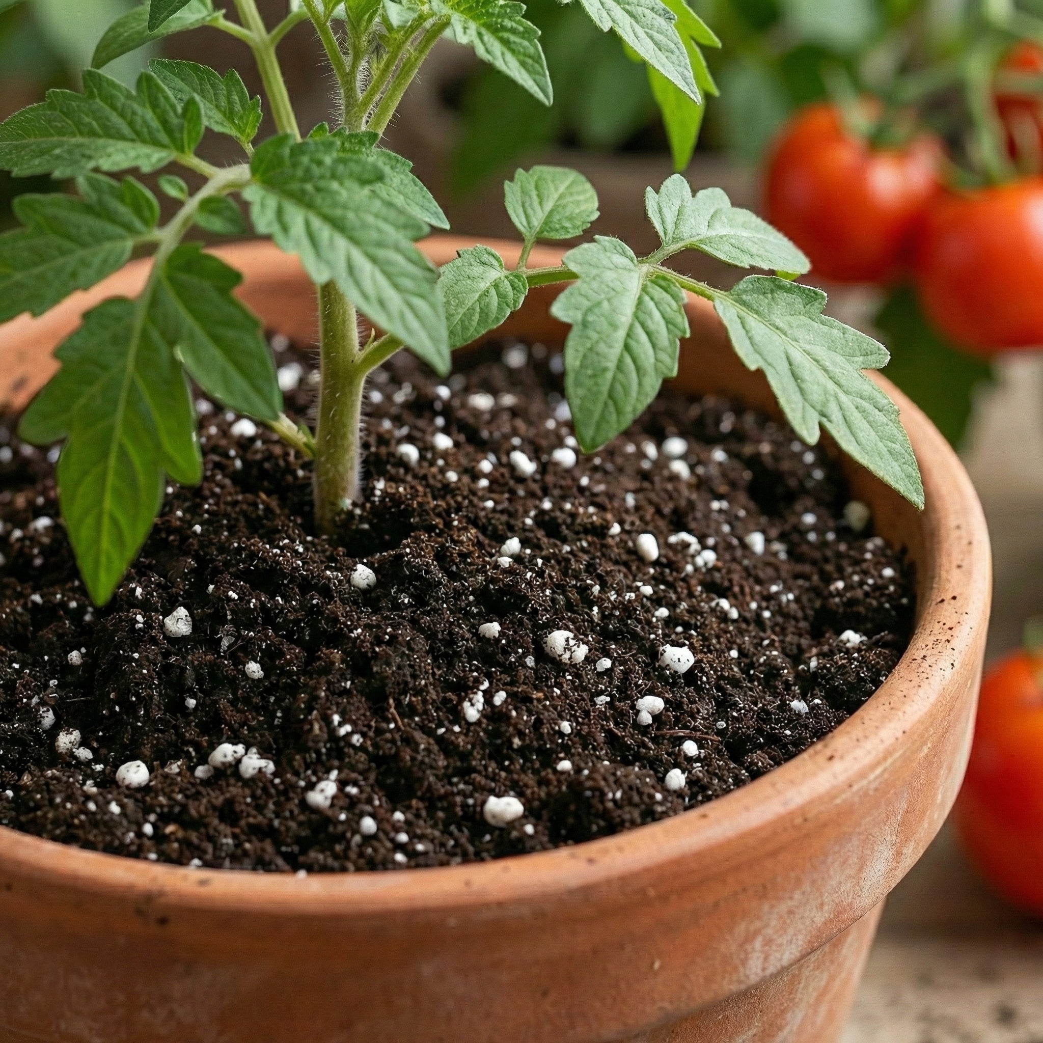 BIO Hanferde von Sonnenerde in einem Topf mit einer Tomatenjungpflanze