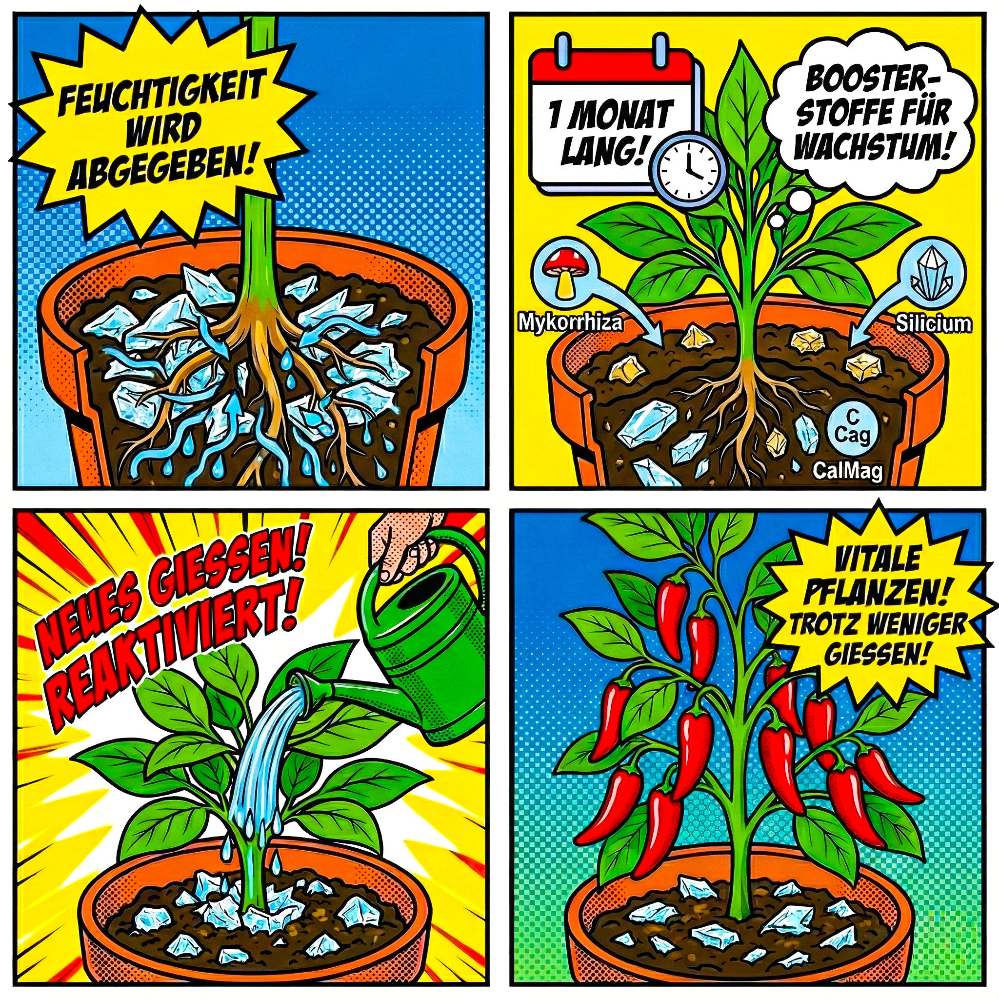 Holidaygrow wie es funktioniert und dies in vier Schaubildern in 1960iger Stiel gezeigt.
