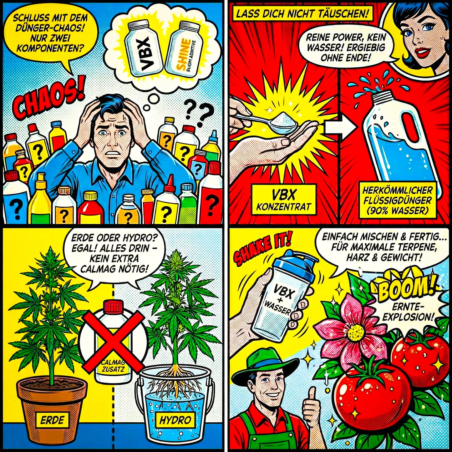 Comic für die Vorteile von VBX und SHINE von Hydroponic Research mit verschiedenen Beispielen für die Vorteile des Produktes