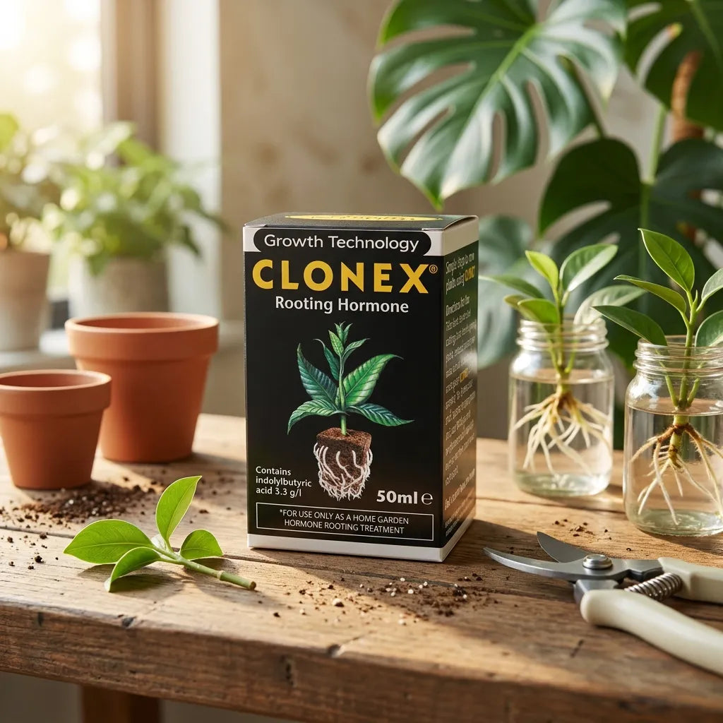 Packung des Bewurzelungshormons Clonex Rooting Gel auf einem Tisch neben jungen Stecklingen mit sichtbaren Wurzeln