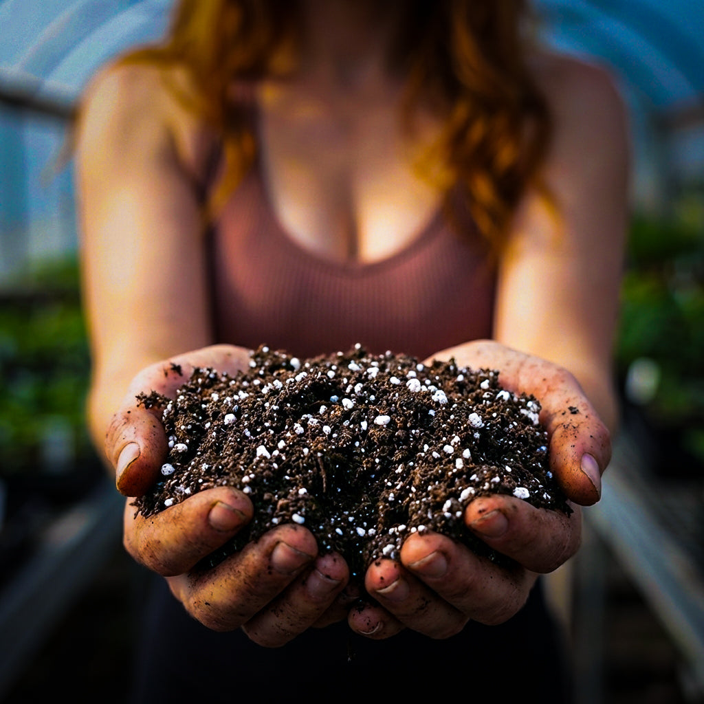 Eine Frau hält die BIO Hanferde von Sonnenerde halten und zeigen mit Perlit, Blähton sowie der Terra Preta Erde