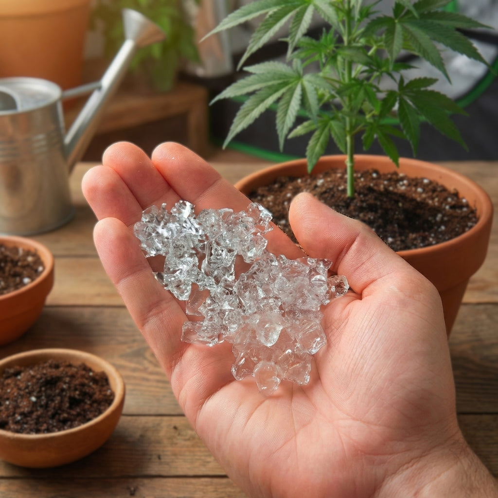 Eine Hand auf der aktivierte Hydrogranulat der Firma DryFerm liegt. Das Produkt um das es sich handelt ist Holidaygrow. Klare glasrtige Hydrosplitter.