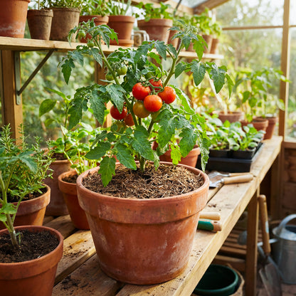 Tomatenpflanze im Tontopf mit Mulch im Topf auf einem Gärtnertisch