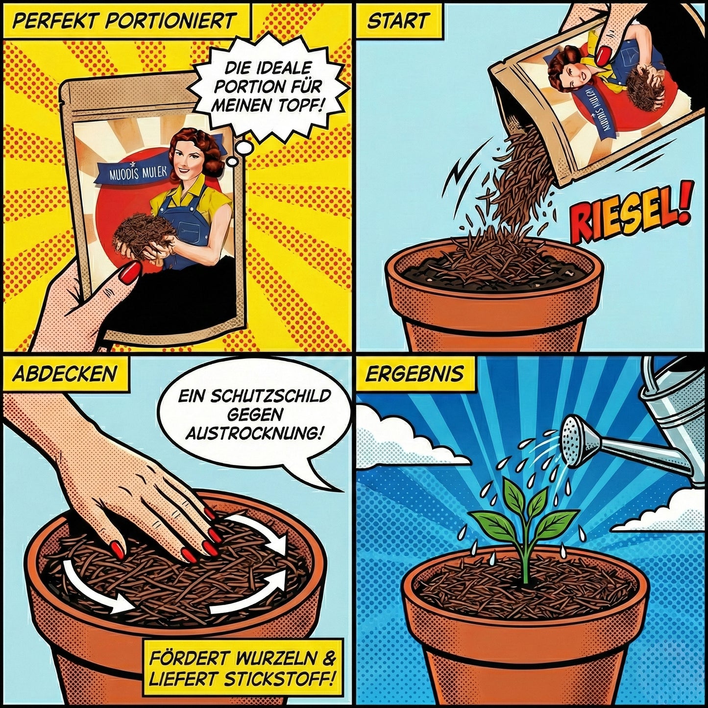 Erklärung im Comic Style Muddis Mulch als Schutz vor Austrocknung und Verbesserung des Bodens