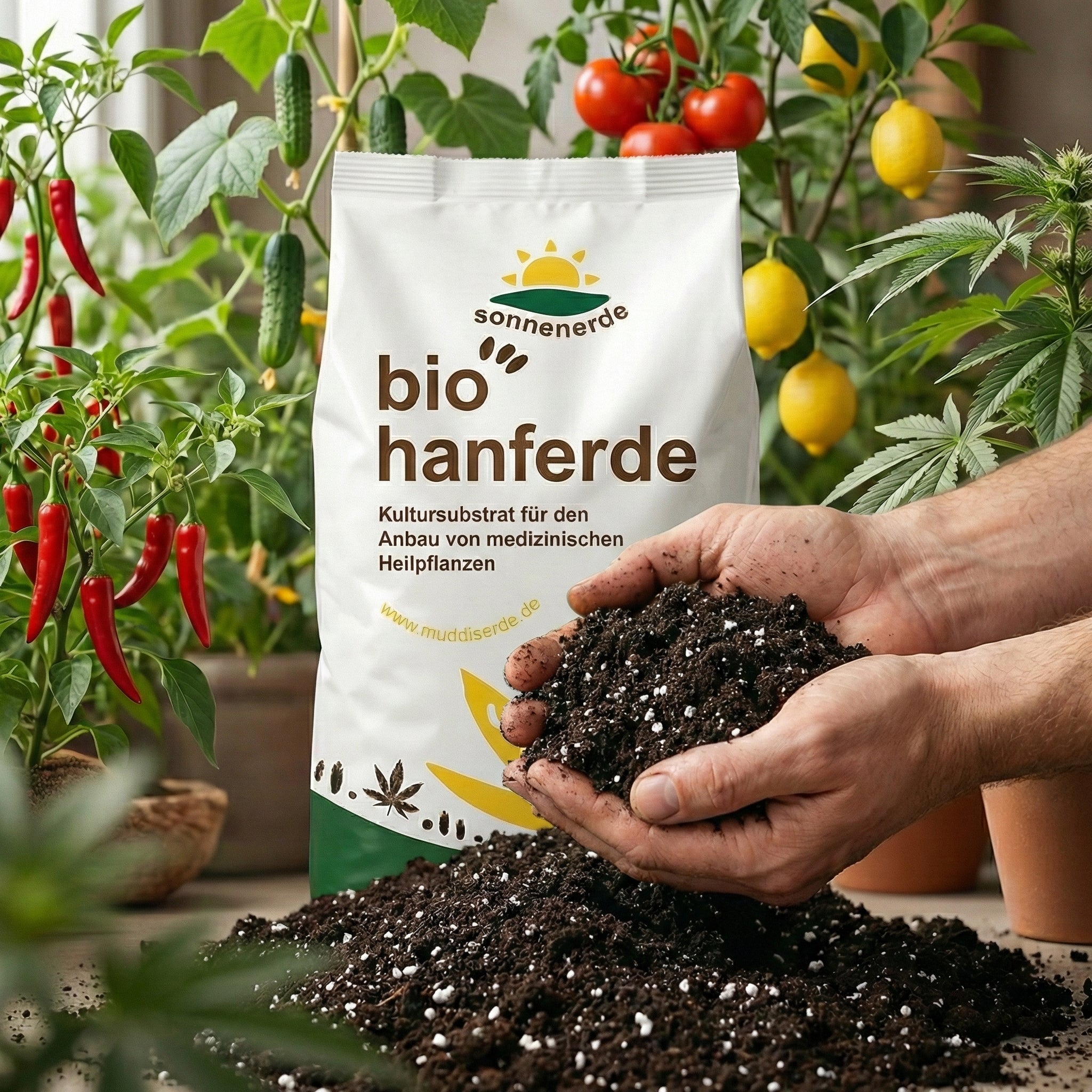 Ein 20Liter Sack BIO Hanferde von Sonnenerde zwischen mehreren Nutzpflanzen und einem Haufen mit der Erde und einer Hand mit Erde