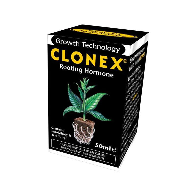 Packung des Bewurzelungshormons Clonex Rooting Gel mit Bild einer Pflanze mit sichtbaren Wurzeln